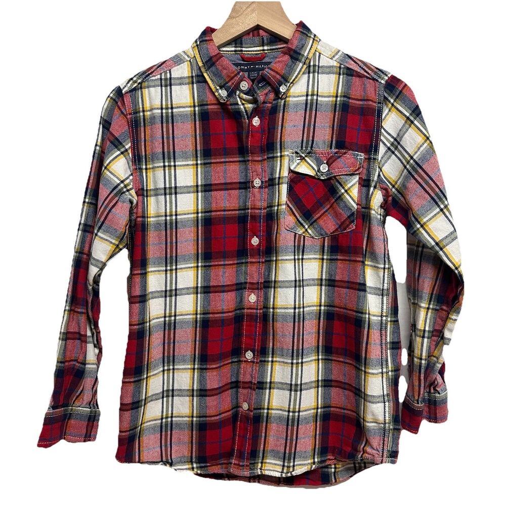 Tommy Hilfiger Boys L (16/18) Plaid Button-Up Long Sleeve Red Cotton Shirt Cozy